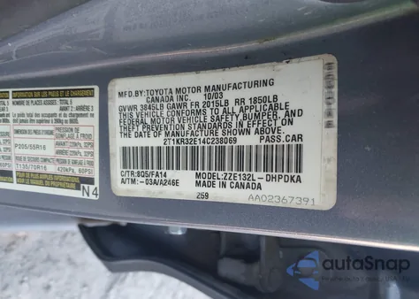 2004 Toyota Matrix Standard from USA, damaged, VIN 2T1KR32E14C238069